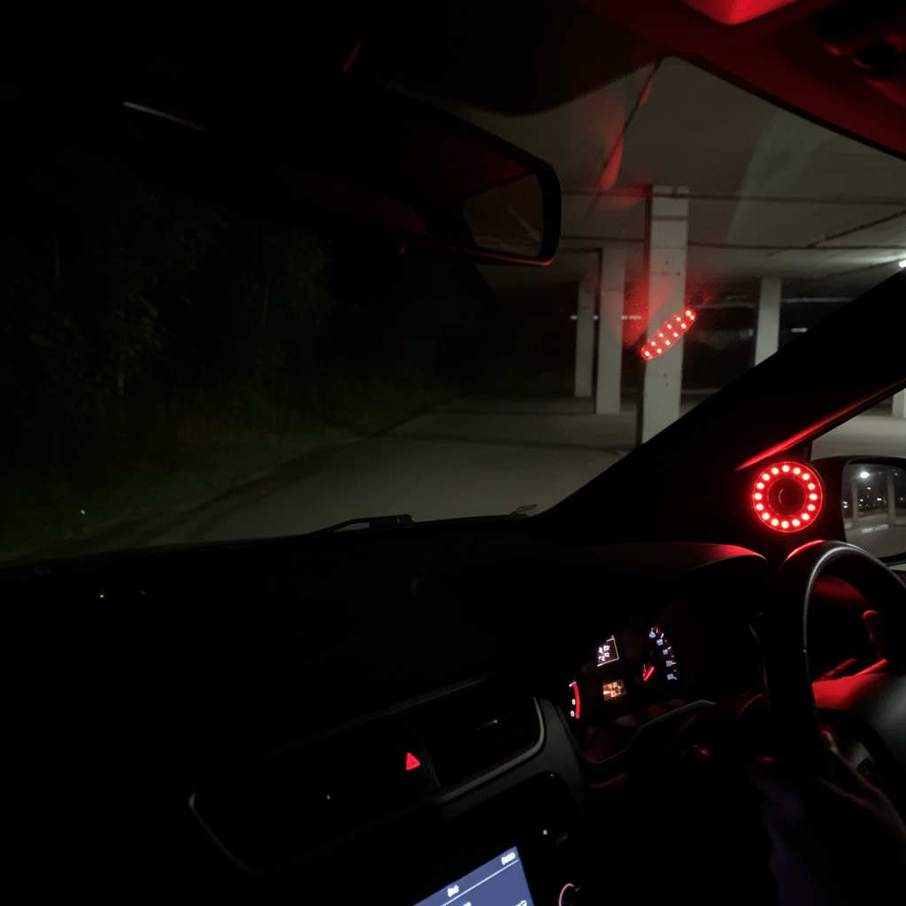 车载记录仪红外补光灯珠在昏暗地下车库中工作,左侧漆黑,右侧微弱红光照亮近处,夜视功能介入。