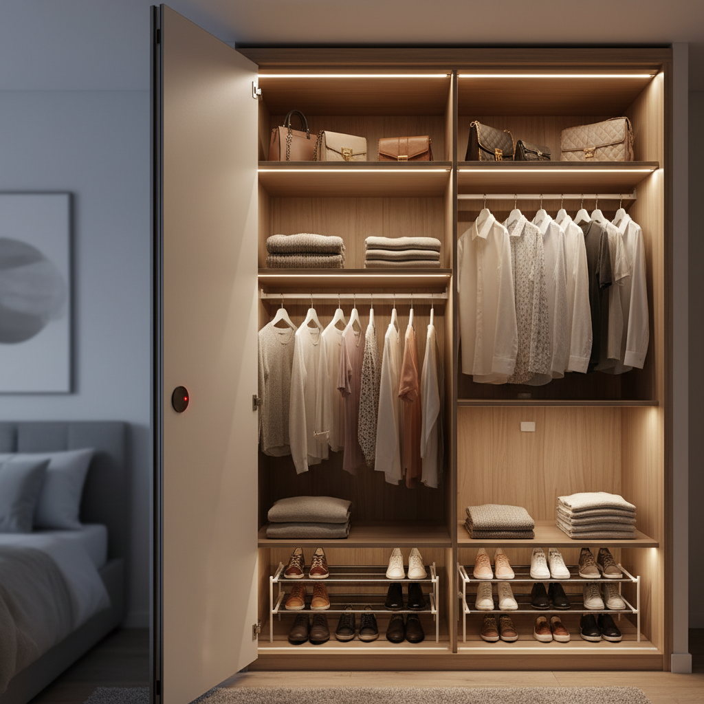 一个整洁温馨的智能家居衣帽间。衣柜门微开,内部沿着搁板或挂衣杆整齐安装的5050RGBW LED灯带已自动亮起,发出清晰均匀的白光,照亮衣物和配饰,展现红外感应的便捷性。