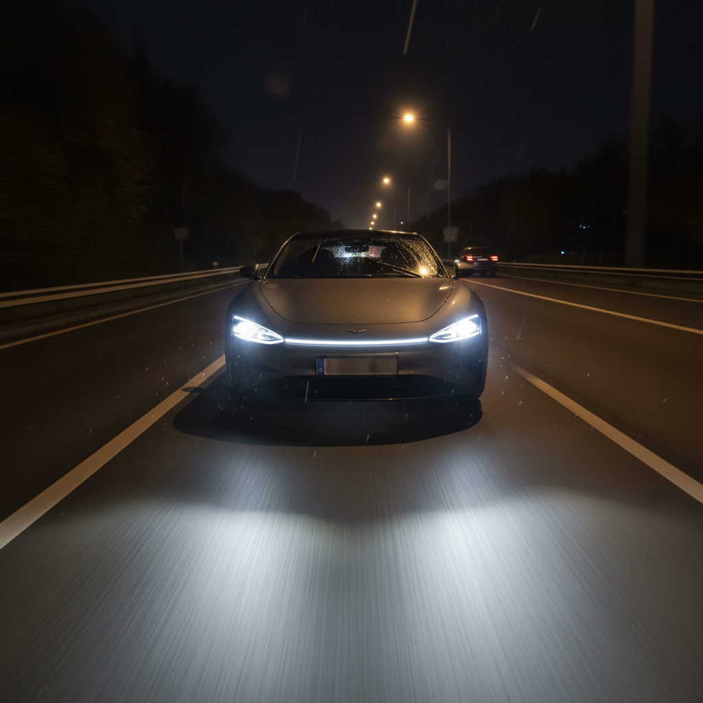 夜晚公路上,一辆汽车的前大灯开启,由Lens LED模组投射出精准且具有锐利切线的低位光束,清晰照亮前方道路。