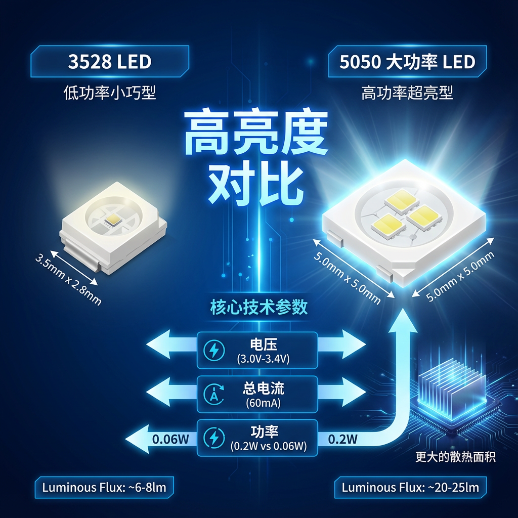 一张对比信息图，直观展示5050大功率LED与3528 LED在规格和发光性能上的差异。左侧为3528 LED，标注尺寸3.5mm x 2.8mm，内部仅1颗小芯片，光通量约为6-8lm；右侧为5050 LED，标注尺寸5.0mm x 5.0mm，内部含有3颗芯片，光通量显著更高，达到20-25lm。中间使用箭头和对比数据表，列出核心参数：电压 (3.0V-3.4V)、总电流 (60mA)、功率 (0.2W vs 0.06W)。背景采用深蓝色科技感底纹，配合发光效果，展示5050 LED更强的亮度输出和散热面积优势。标注文字：'高亮度对比' (Brightness Comparison) 和 '核心技术参数' (Core Technical Parameters)。