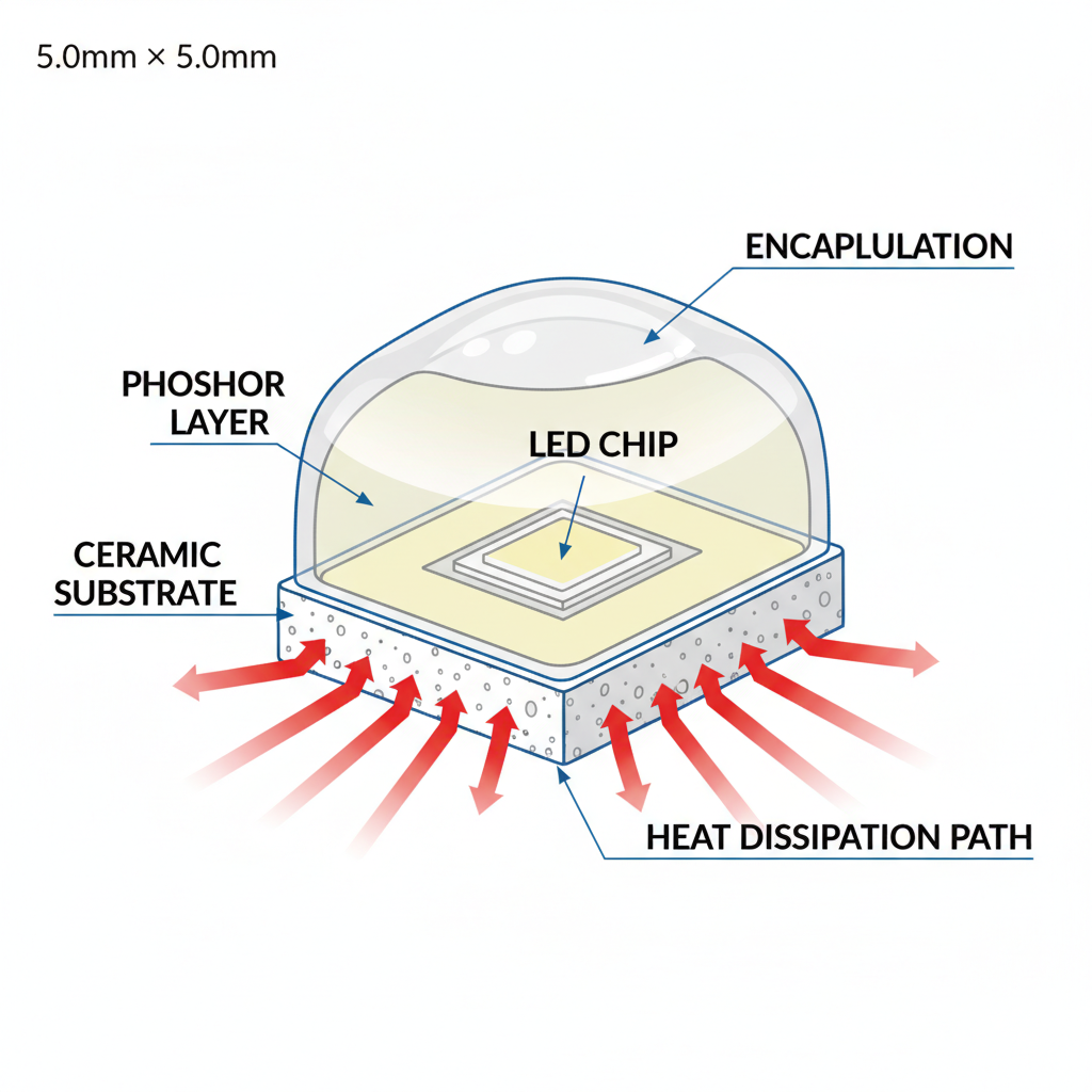 陶瓷5050 LED灯剖面图,展示LED芯片、陶瓷基板、荧光粉层和封装,以及高效散热路径。