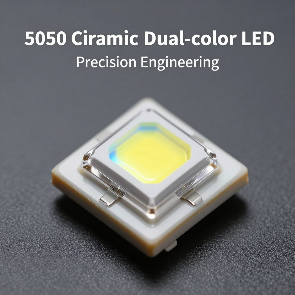 5050陶瓷双色LED灯珠微距特写，展现其精细结构和内部蓝光、黄光芯片，以及洁白的陶瓷基板，标注为‘5050 Ceramic Dual-Color LED’和‘Precision Engineering’