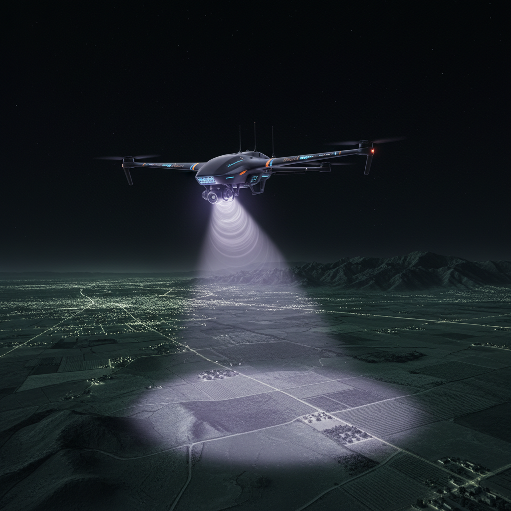 一架高科技无人机在漆黑的夜空中飞行,下方是城市、农田和山脉的模糊轮廓。无人机前端发出肉眼不可见的红外光束,照亮下方区域,象征着为安防、救援和农业领域带来的革命性夜视能力。