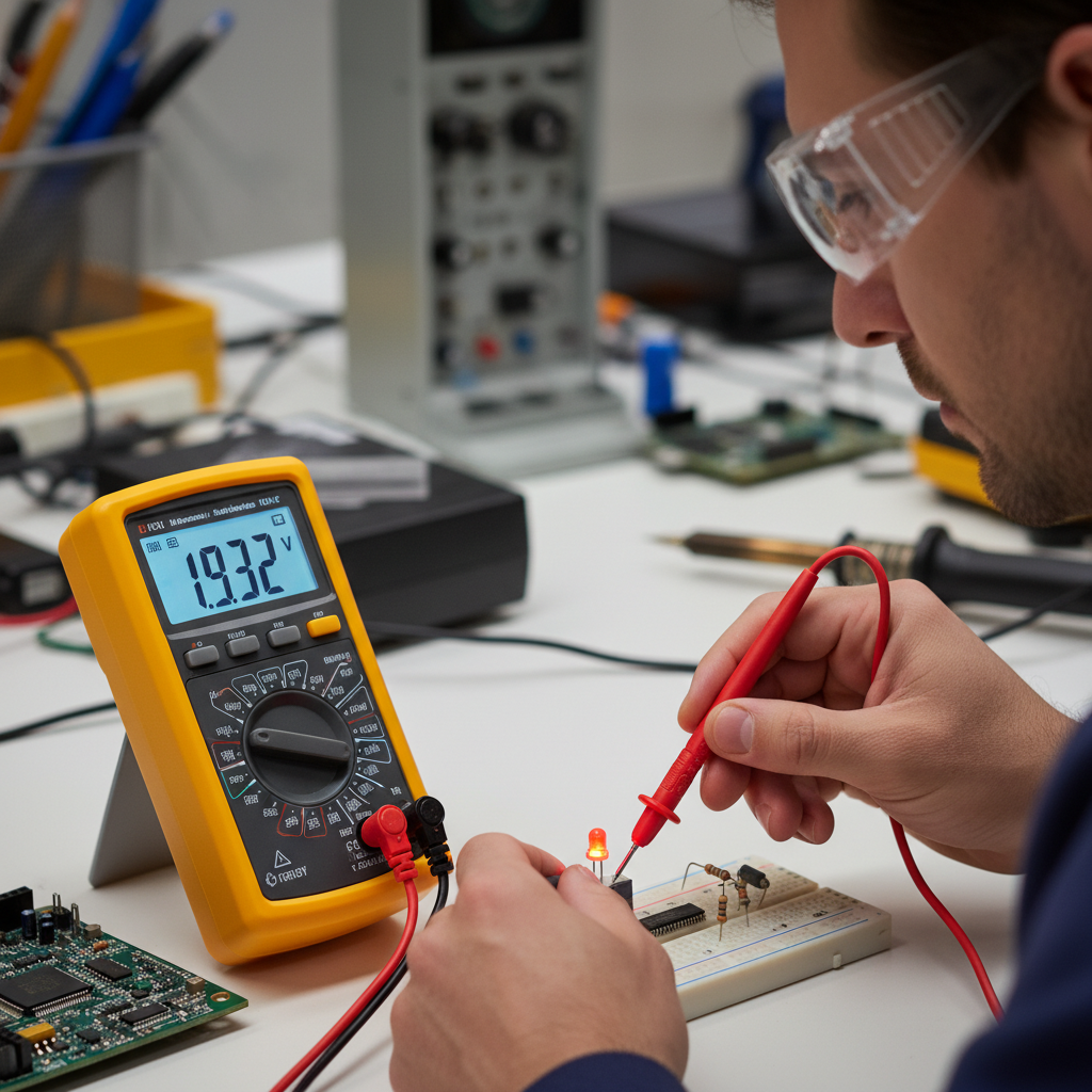 一位工程师使用万用表测量红色LED的正向电压,万用表显示1.932V,背景是电路板,突出了LED电压测量的重要性