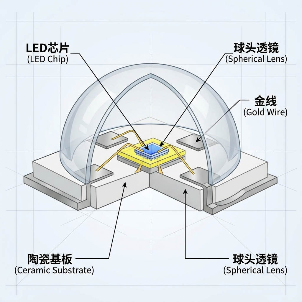 3535球头灯珠内部结构剖视图，清晰展示了LED芯片、金线、陶瓷基板和半球形封装胶（球头透镜）等核心组件，并带有专业标注。