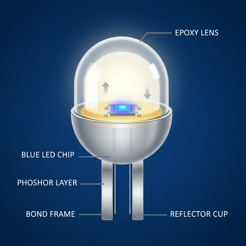 展示一个LED灯珠的精细剖面图,清晰可见其内部结构。重点突出微小的LED芯片发出蓝光,被荧光粉层包裹后转化为白光,以及外部封装结构如何保护芯片并优化光线输出。