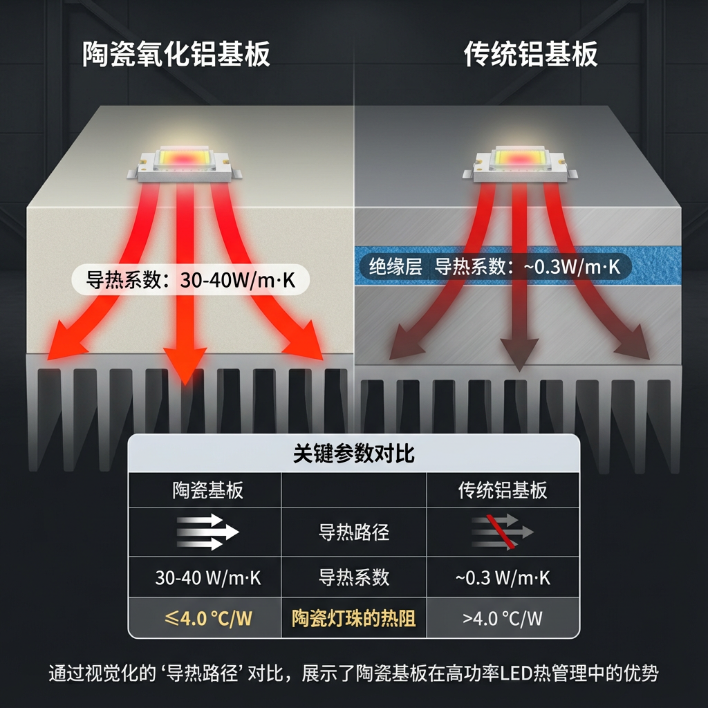 陶瓷基板与传统铝基板热管理对比图，强调陶瓷高导热和低热阻优势
