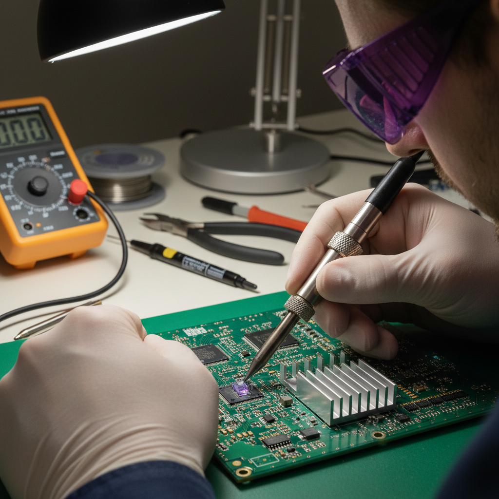 工程师佩戴UV防护眼镜,使用恒温烙铁焊接紫光LED贴片灯珠,并配有散热片,强调安装过程的专业性、严谨性和安全防护。