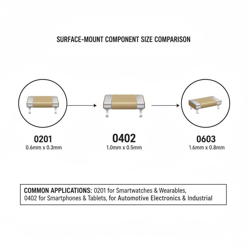 图表横向比较了0402、0603和0201封装元件的尺寸差异,0402元件占据中心位置,周围是放大的元件图像,并标注了它们的公制尺寸(1.0mm x 0.5mm、1.6mm x 0.8mm、0.6mm x 0.3mm)。图表下方的文字说明了不同封装的常见应用,如0201用于智能手表,0402用于智能手机,而0603用于汽车电子。