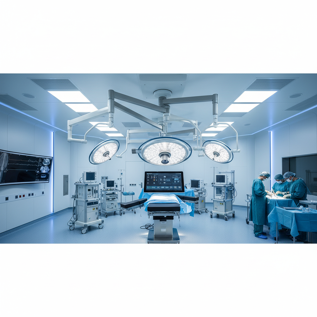 一间现代化的手术室全景,中央悬挂着一台设计先进的吊顶式手术无影灯,其多关节悬臂灵活伸展,灯头集成摄像头和智能控制面板,展现了设备的模块化和智能化趋势。