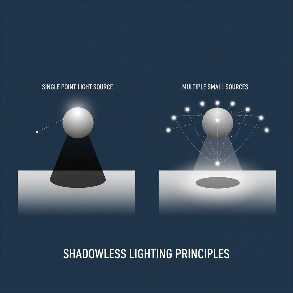 插画对比点光源与多光源下的影子形成。左侧点光源产生清晰本影,右侧多光源产生半影,视觉化无影灯的核心物理原理。
