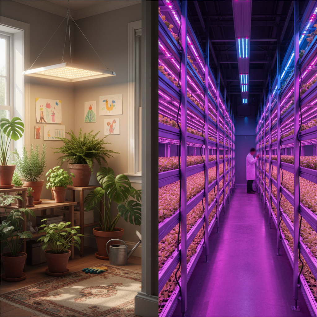 左右对比场景:左侧是家庭园艺中全光谱白光营造的舒适环境,右侧是垂直农场中红蓝光高效照明的专业场景
