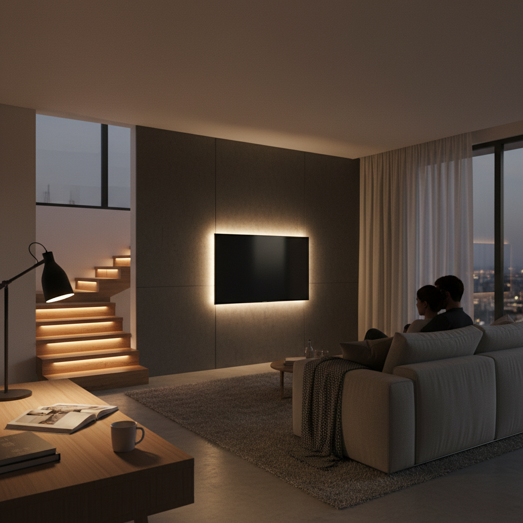 200lm局部照明和氛围照明在现代家居中的应用,包括书桌、背景墙和楼梯地脚灯