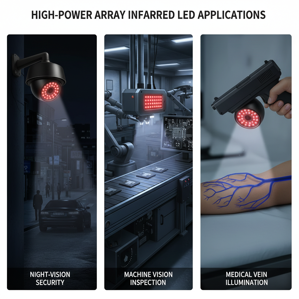 大功率阵列式红外LED灯珠在安防监控、工业自动化和医疗诊断中的应用插画
