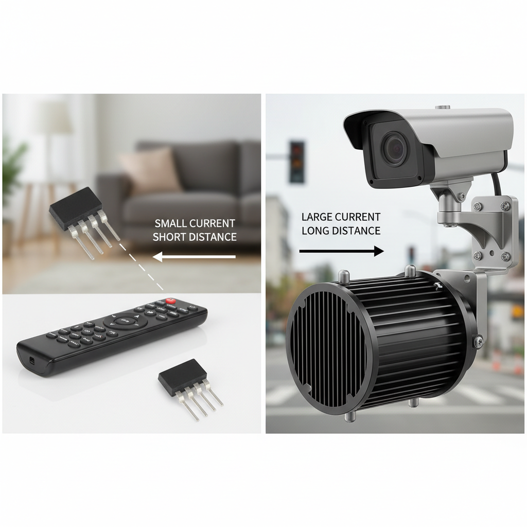 左右分屏对比图:左侧为一个微型低功耗红外LED(如SMD封装),旁边放置一个电视遥控器,用虚线箭头表示小电流、短距离。右侧为一个带有大型散热结构的大功率红外LED,旁边是道路监控摄像头,用粗实线箭头表示大电流、长距离。