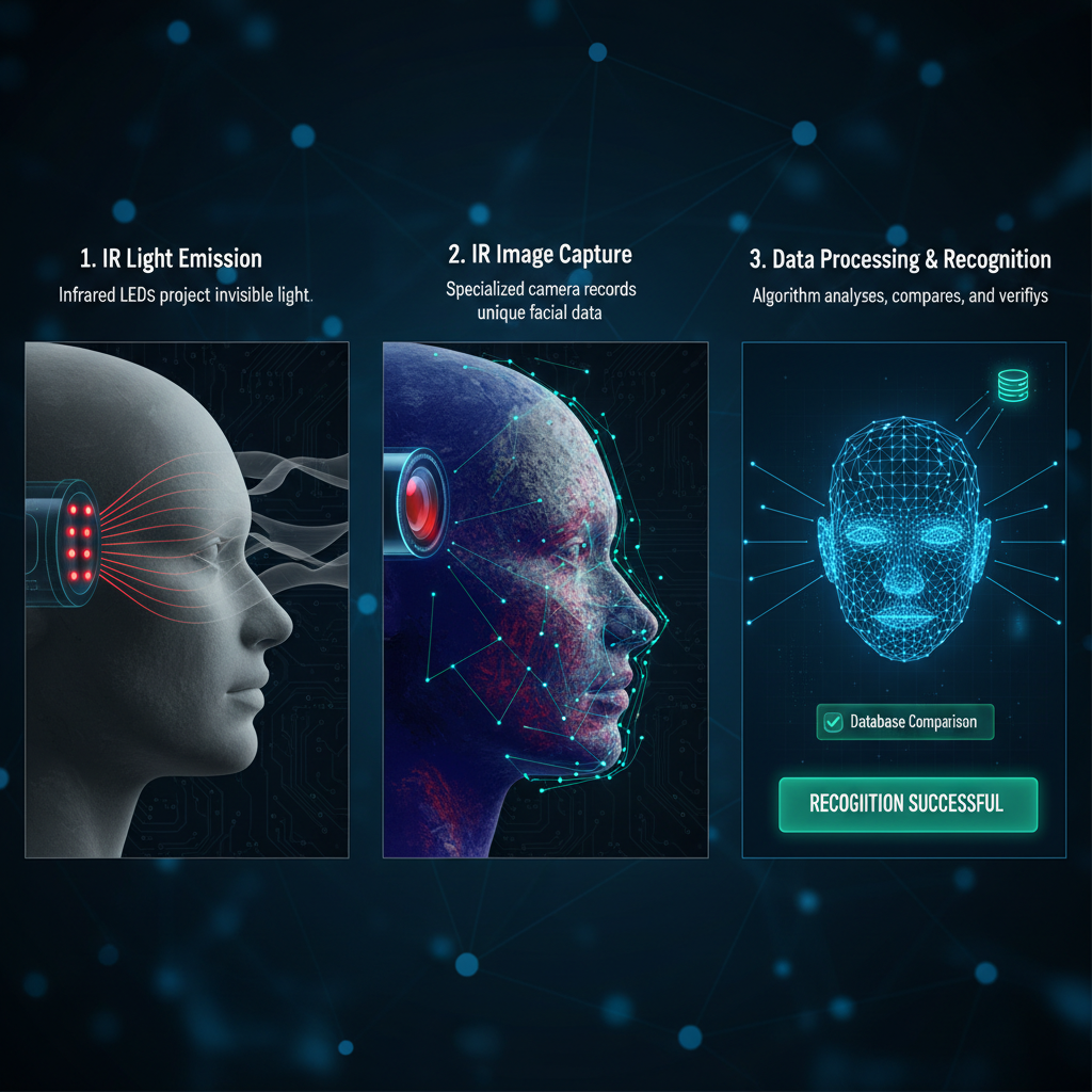 通过三联画形式图解近红外人脸识别的工作原理。第一幅:红外LED灯珠向人脸发射不可见的红外光。第二幅:专用摄像头捕捉人脸对红外光的独特反射图像(可呈现为热力图或灰度图效果)。第三幅:系统算法分析提取图像中的面部特征点,并与数据库比对,最终显示“识别成功”。