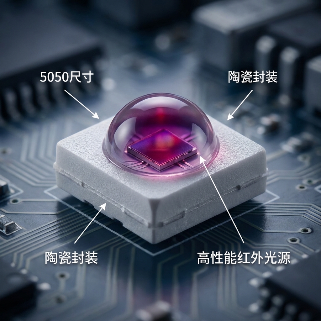 5050陶瓷红外IR1600NM红外LED的细节，洁白的陶瓷基板质感和坚固的封装结构，芯片上方覆盖着透亮的透镜，周围散发出象征红外线的深紫色光晕，背景是微弱模糊的PCB和精密工业背景。