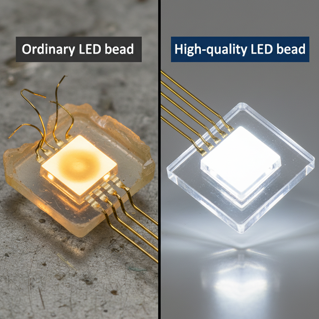 优质LED灯珠与普通LED灯珠的对比图,展示了两者在亮度、光色、内部材料和封装工艺上的显著差异。
