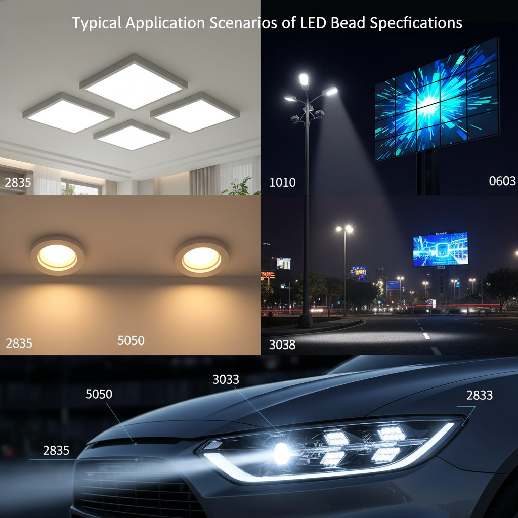一张描绘LED灯珠多种应用场景的图片,包括室内照明(筒灯、面板灯)、室外照明(路灯)、LED显示屏和汽车前灯,并标注了2835、3030、5050、1010等相应型号,展示LED灯珠在不同环境下的实际应用效果。
