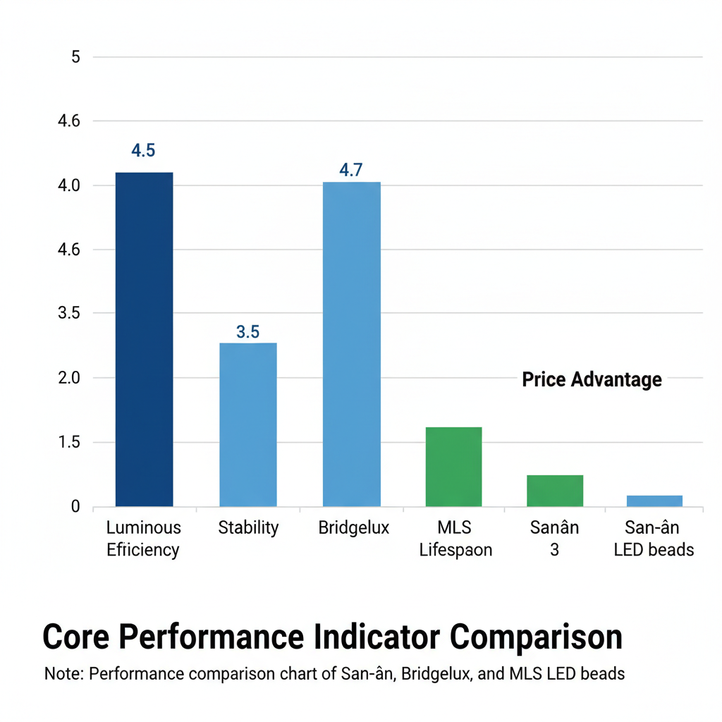 三安、普瑞和木林森LED灯珠的性能对比图表,横轴是性能指标(光效,稳定性,寿命),纵轴是等级或评级。