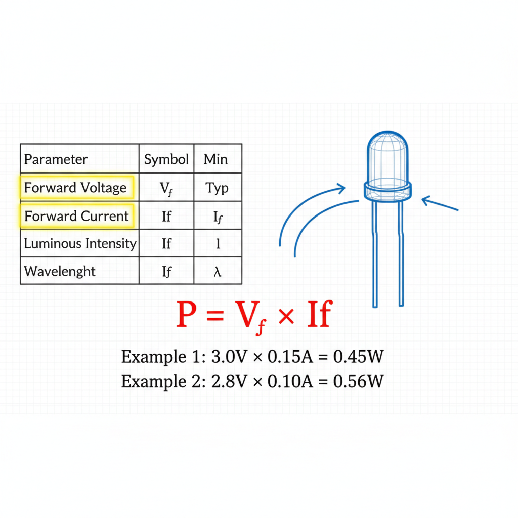 简化版LED Datasheet表格片段,高亮标注Forward Voltage (Vf)和Forward Current (If),旁边是LED线框图,并用箭头指向计算公式P = Vf × If及其示例,直观解释LED功率计算。