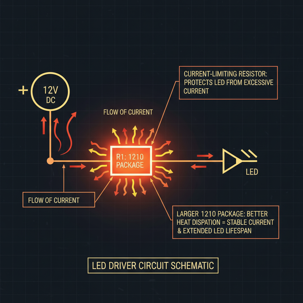 LED驱动电路示意图,展示了1210封装电阻如何限制电流以保护LED并提高其长期性能