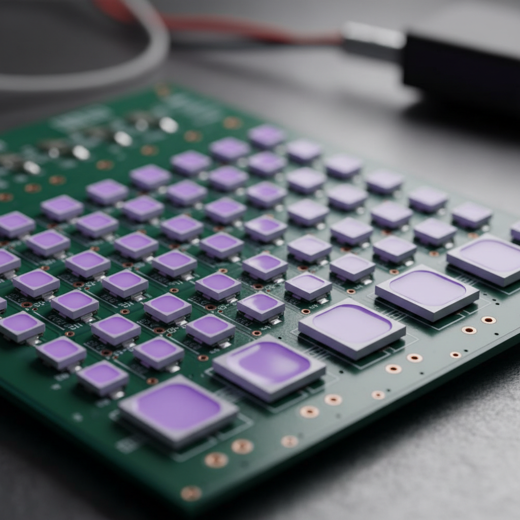 多种尺寸的紫光LED贴片灯珠焊接在电路板上,发出微弱紫色光芒,展现其紧凑高效的特点。