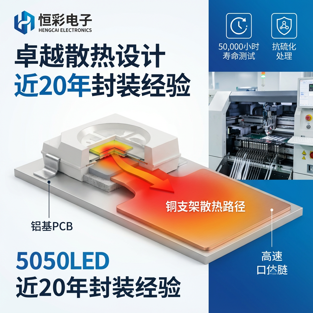 一张侧重于散热技术与品质保障的工业解剖图，展示恒彩电子对5050 LED可靠性的追求。画面采用3D剖面视角，展示5050 LED焊接在铝基PCB板上的结构。特别强调底部的'铜支架散热路径' (Heat Dissipation Path)，热量从芯片通过导热胶流向大面积焊盘。右侧背景是恒彩电子的高精密自动化生产线一角，全自动贴片机正在快速作业。画面上方展示品质测试图标：'50,000小时寿命测试' (50,000h Life Test) 和 '抗硫化处理' (Anti-sulfurization)。色调以白色和科技蓝为主，给人以专业、可靠、严谨的印象。标注文字：'卓越散热设计' (Superior Thermal Design) 与 '近20年封装经验' (Nearly 20 Years of Packaging Expertise)。