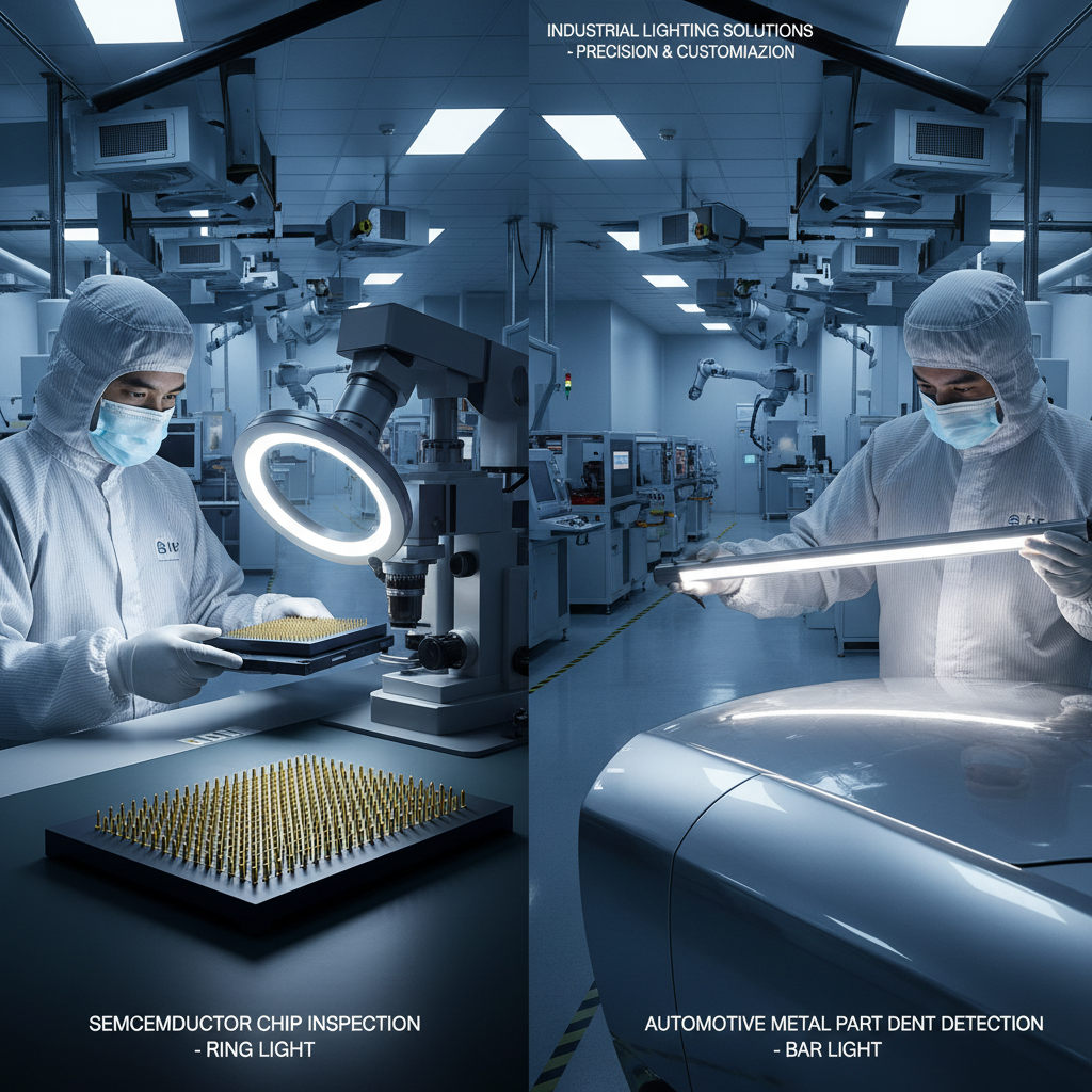 半导体工厂内,环形无影光源精确检测芯片引脚,而条形光源则被用于汽车金属零件的凹痕检测,展示了不同工业应用对视觉光源的定制化需求。
