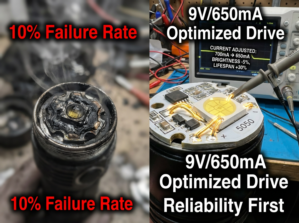 对比图展示灯珠的“踩坑”与“翻盘”。左侧是因过流烧毁的黑化灯珠，标注“10% Failure Rate”；右侧是优化后的5050九芯9V方案，示波器显示电流从700mA降至650mA的稳定波形，并强调金线键合加固工艺，标注“9V/650mA Optimized Drive, Reliability First”。