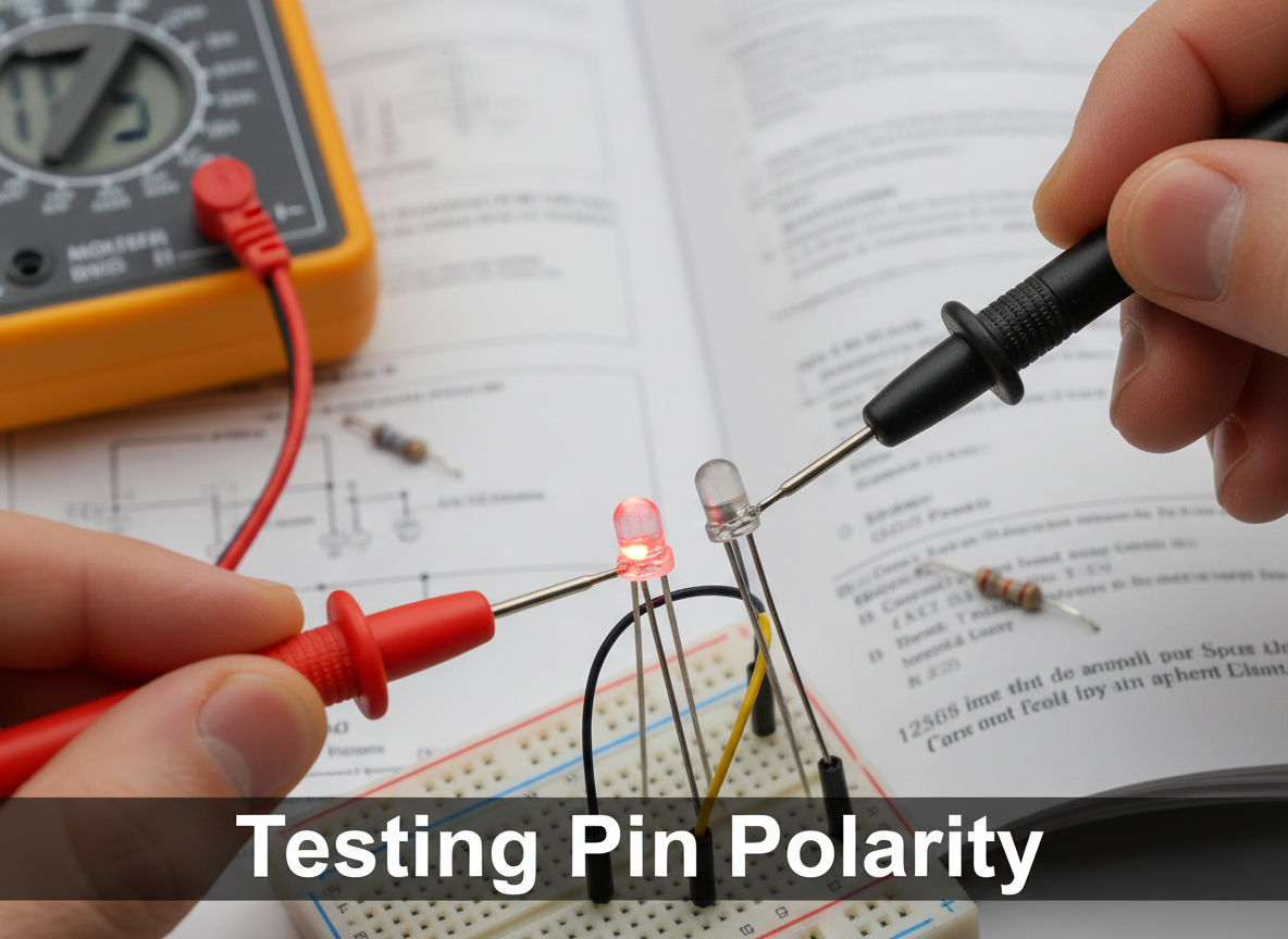 一只手正在使用数字万用表的红黑表笔，测试一颗长引脚直插式RGB灯珠的极性。万用表屏幕显示着数值，灯珠的其中一个引脚在测试下发出微弱的红光，体现文章中“使用万用表辨别正负极”的教学环节。