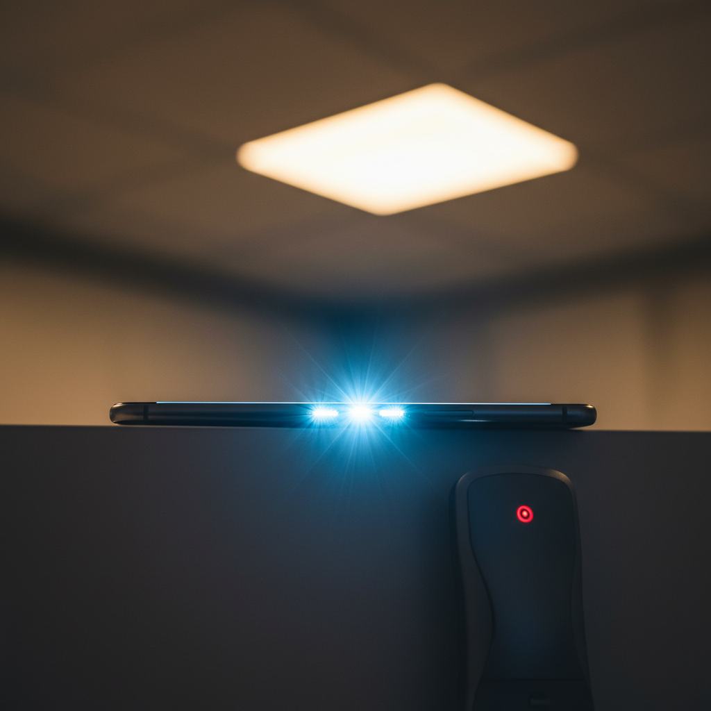 描绘一个现代生活场景,画面中心是手持的超薄智能手机,其屏幕发出明亮背光。背景模糊处可见办公室的LED面板灯和家用遥控器上的微小指示灯。整体风格强调SMD光源在日常电子产品中的无处不在和小型化趋势。