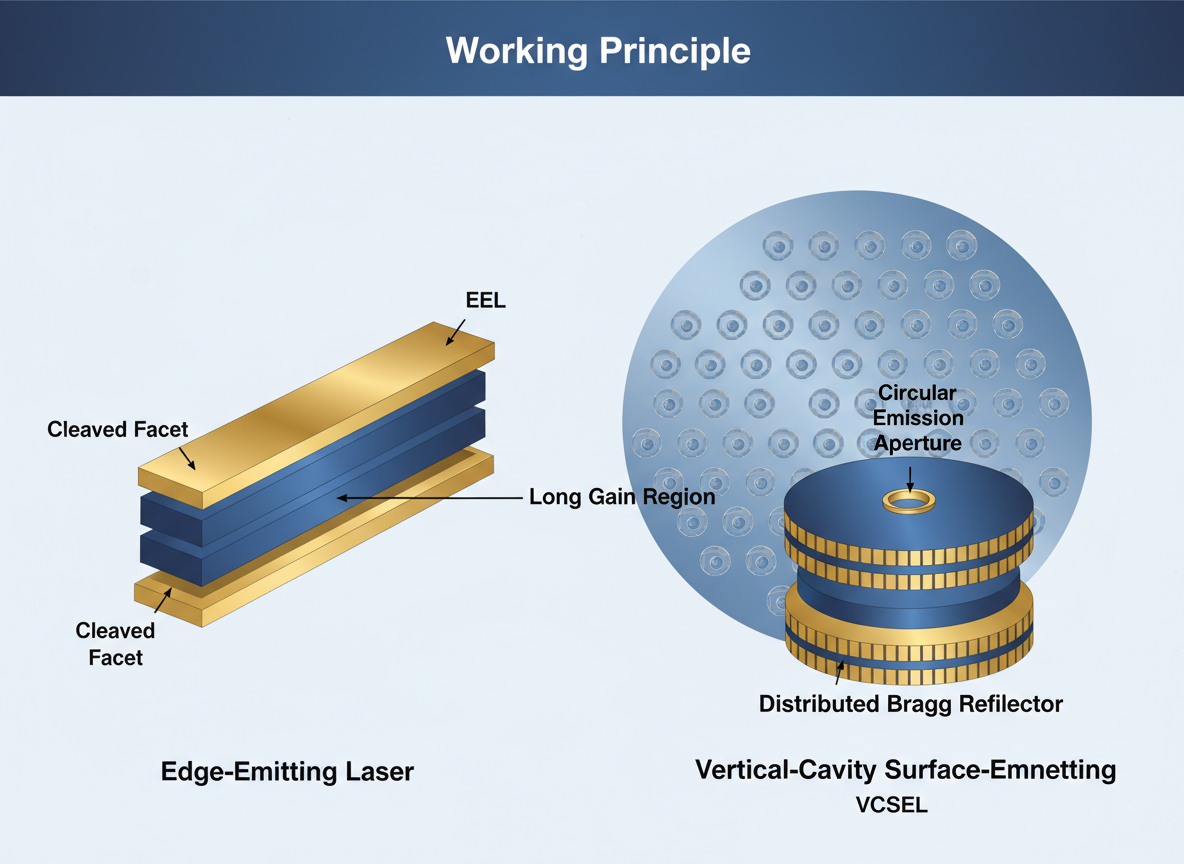 EEL与VCSEL技术原理剖视图：EEL侧面有源区与解理面反射镜；VCSEL垂直DBR反射镜与圆形出射孔。
