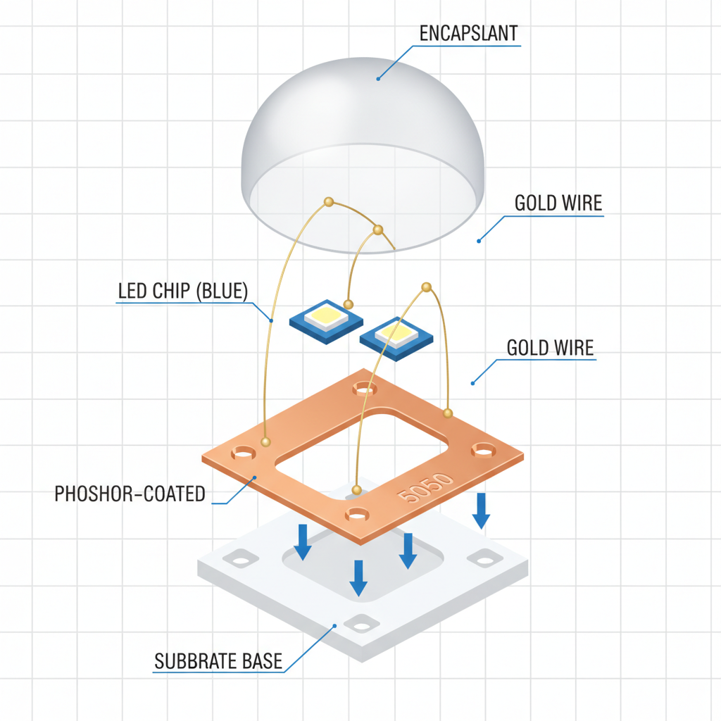 5050灯珠核心组件爆炸图:支架、芯片、金线与封装胶的精密组合