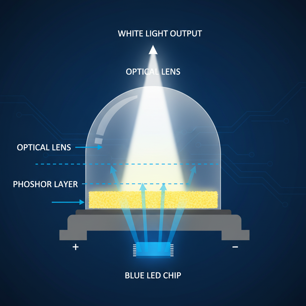 LED灯珠内部剖面示意图，展示蓝色芯片发出蓝光，蓝光激发黄色荧光粉，最终混合产生白光的物理过程