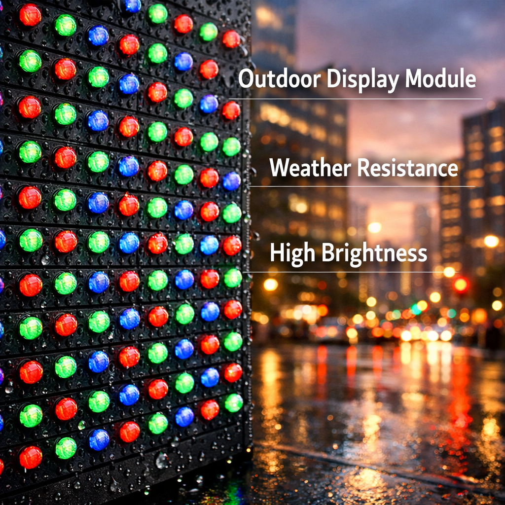 户外LED大屏幕模块,由密集的红绿蓝直插灯珠阵列组成,展现其高亮度、耐候性和户外应用场景。