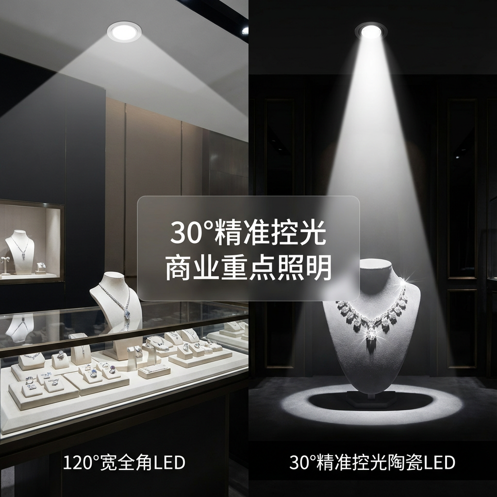 30°LED陶瓷灯珠在高端珠宝店内的光影效果对比图：右侧30°窄角光束精准聚焦钻石项链，形成强烈光影，标注“30°精准控光”和“商业重点照明”，左侧普通广角灯珠光线发散。