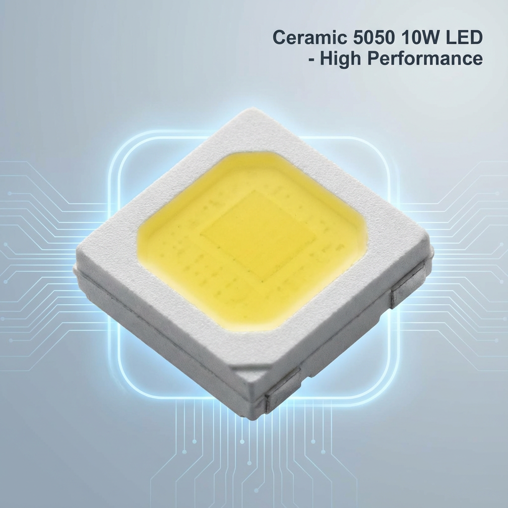 特写陶瓷5050白光10w仿科锐xml灯珠，展示其精密结构和高能感，背景为科技线条，标注'Ceramic 5050 10W LED - High Performance'。