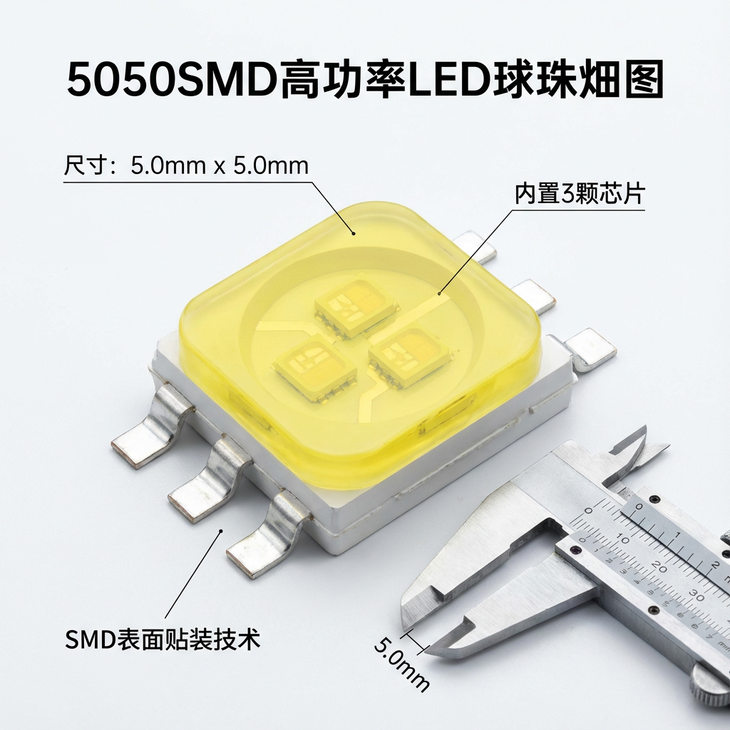 一张高质量的5050大功率贴片LED灯珠宏观结构拆解图。画面中心是一颗标准的5050 SMD LED，展示其5.0mm x 5.0mm的正方形外观。灯珠表面覆盖着圆形的黄色荧光粉涂层，半透明效果下隐约可见内部并排排列的3颗独立的LED芯片。灯珠侧面展示出6个金属引脚（每边3个），体现其三芯并联或独立控制的结构。背景是洁净的实验室桌面，旁边放置一把精密游标卡尺，刻度精准指向5.0mm。图中包含简洁的文字标注：'尺寸：5.0mm x 5.0mm' (Size: 5.0mm x 5.0mm)、'内置3颗芯片' (Internal 3-chip structure) 以及 'SMD表面贴装技术' (SMD technology)。整体色调专业、明亮，采用横向构图，光线柔和，突出产品的工业设计感。