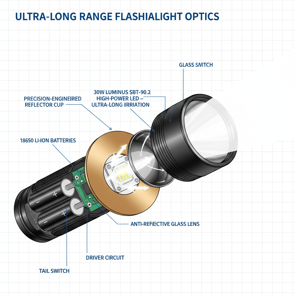 手电筒剖面图，展示大功率LED灯珠、反光杯和透镜，强调其高功率和聚光特性。