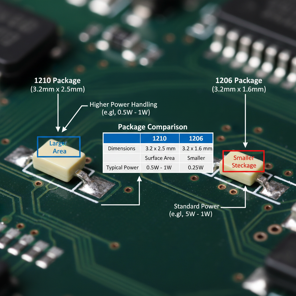 1210和1206封装电阻并排放置在PCB上,直观展示两者的尺寸差异及潜在功率处理能力
