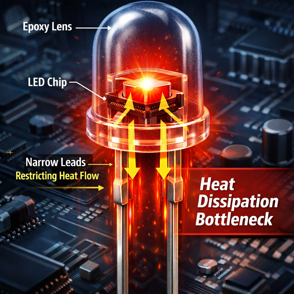 一张直插式灯珠（DIP LED）的结构剖析图，展现环氧树脂封装下的LED芯片和两根细长的引脚。图中用红色渐变光晕示意芯片处积聚的热量，并用箭头标注热量正吃力地通过狭窄引脚导出的散热瓶颈。背景带有电子零件科技感，画面包含英语注解：'Heat Dissipation Bottleneck'。