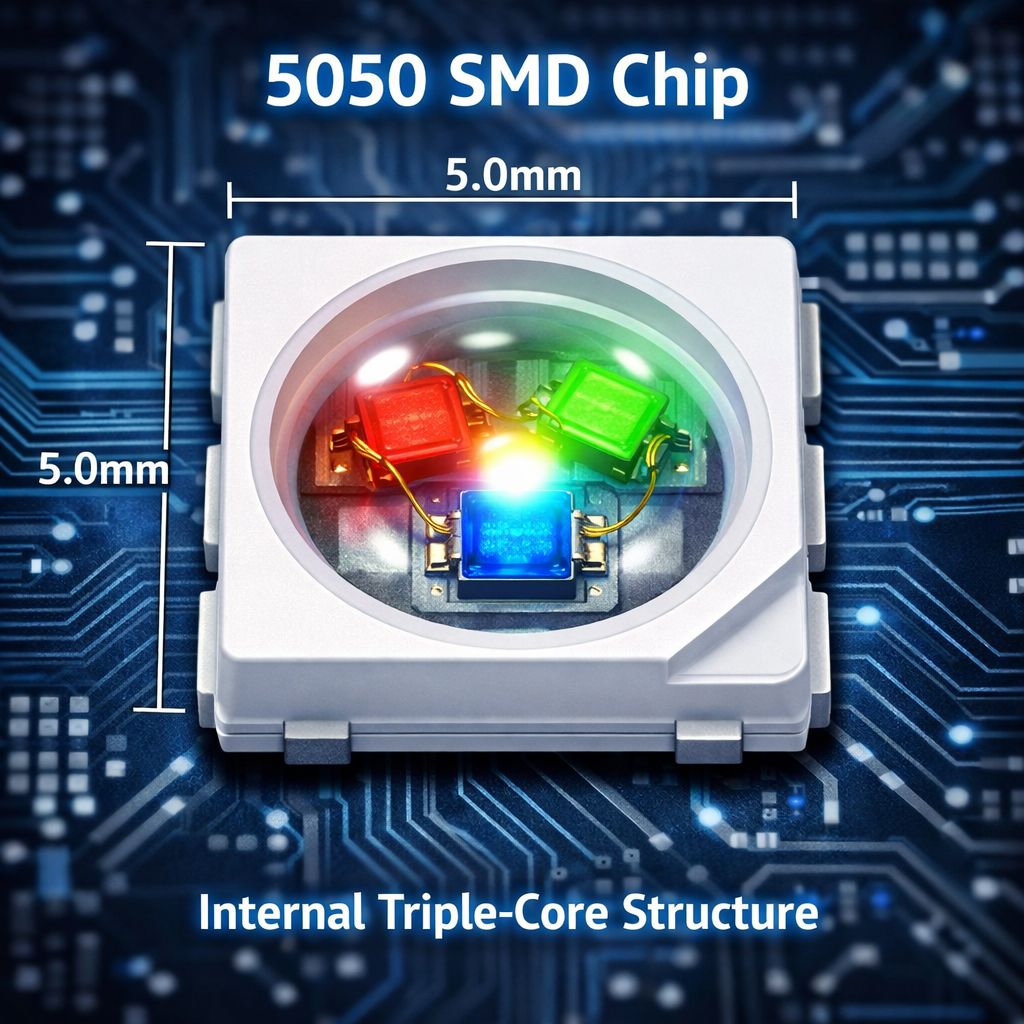 5050 LED灯珠特写，展示其5.0mm x 5.0mm的尺寸和内部三芯片结构，以及RGB混合发光能力。