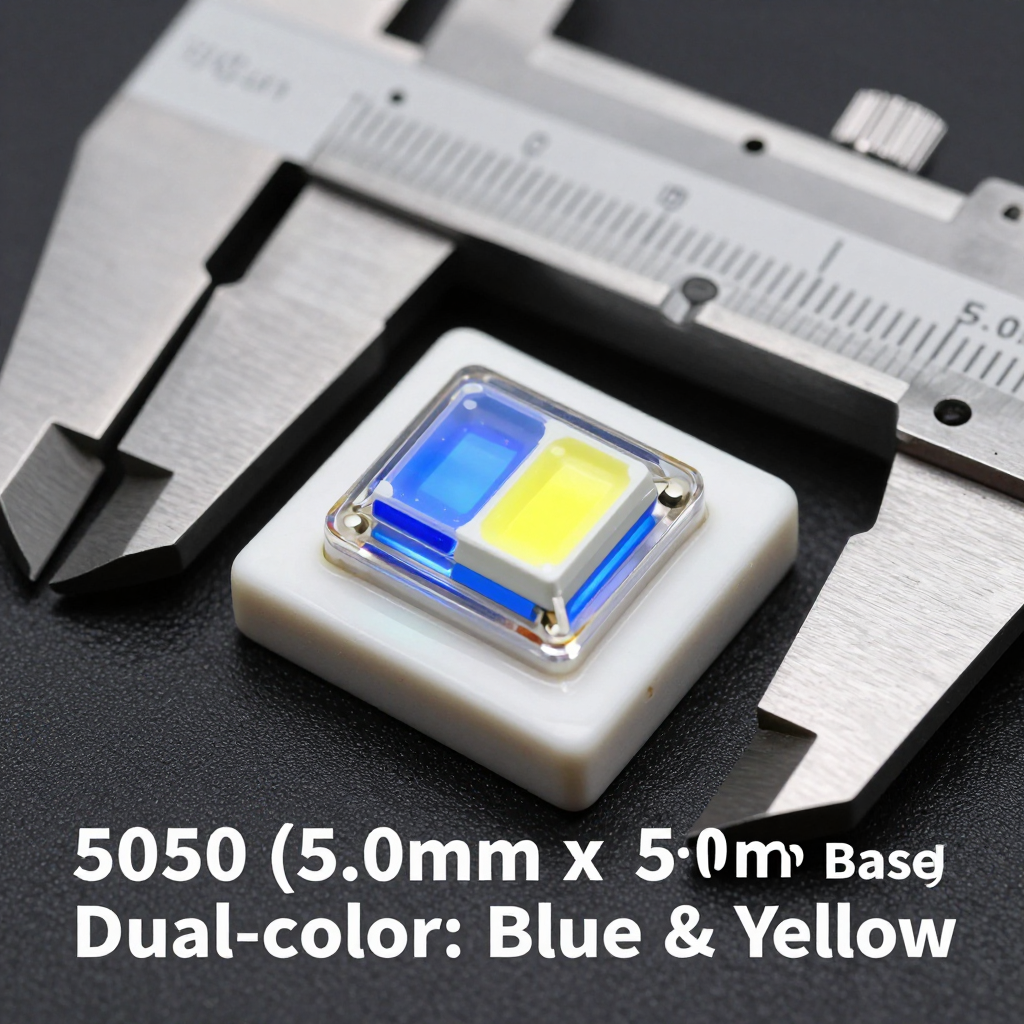 一颗5050陶瓷蓝黄双色LED灯珠特写,展示其5.0x5.0mm尺寸、陶瓷基板以及发光的蓝黄双芯片,旁边附有游标卡尺以强调尺寸。