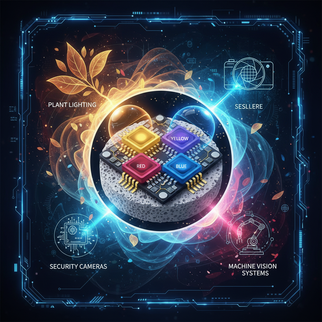 5050陶瓷四合一红黄蓝红外LED灯珠的艺术插图，展示其内部结构和多种应用场景，如植物照明、安防和机器视觉。
