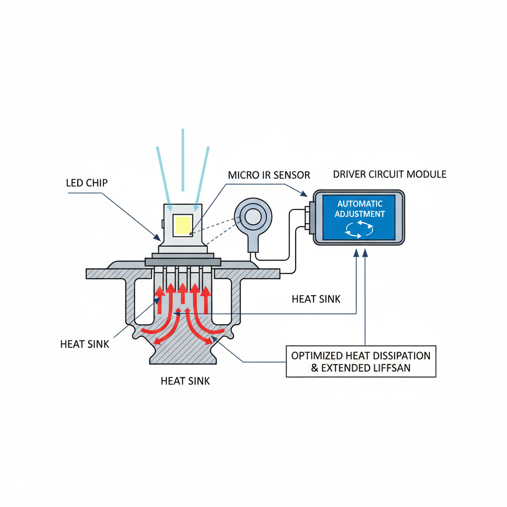 剖面图,一个LED灯珠,热量(红色箭头)从芯片散发。微型红外传感器指向芯片,连接驱动电路模块。模块显示“自动调流”,象征基于红外监测的闭环控制,优化散热,延长寿命。