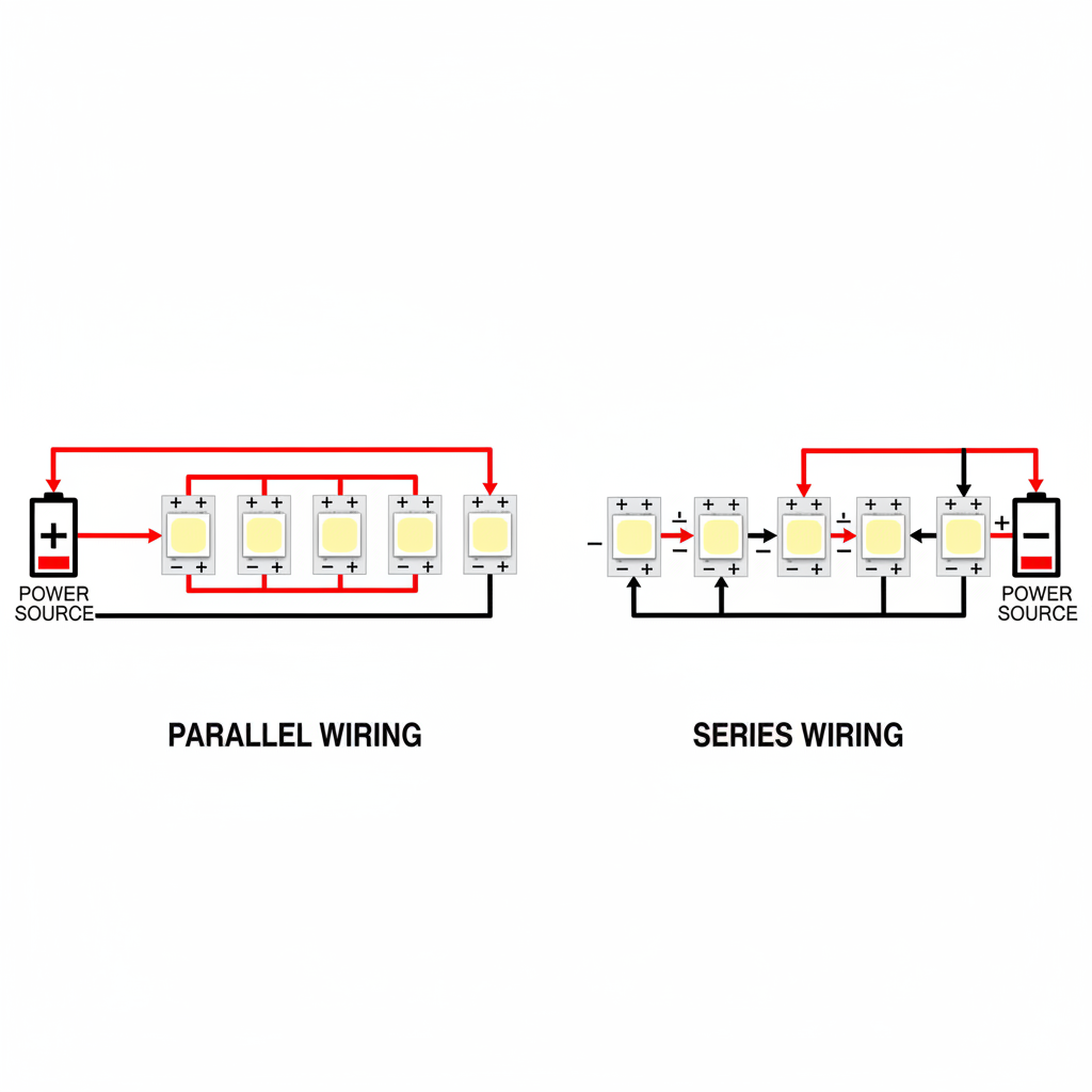 图示对比5050白光灯珠的并联和串联两种接线方式,清晰标注正负极和电源连接。