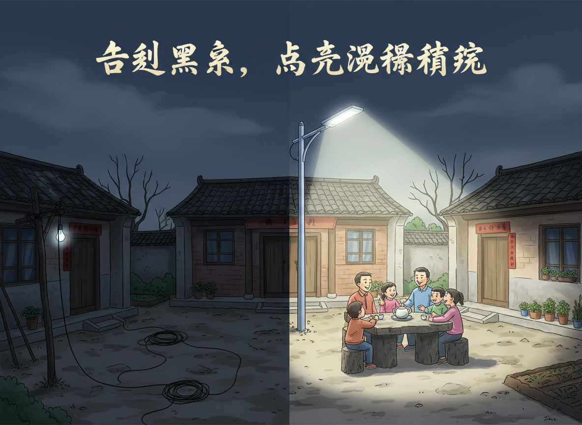 农村院子太阳能灯安装前后对比图：左侧院子昏暗杂乱，右侧院子在太阳能灯的照射下温馨明亮，一家人正在聊天。