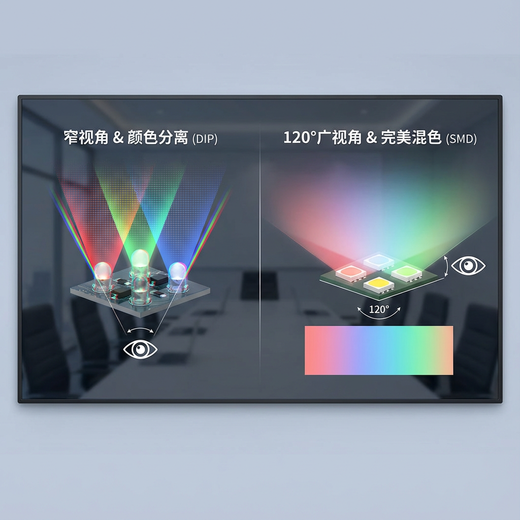 DIP和SMD LED视角与混光效果对比图：DIP灯珠视角窄且颜色分离，画面有颗粒感；SMD表贴LED视角宽达120°，混色均匀，画面细腻。