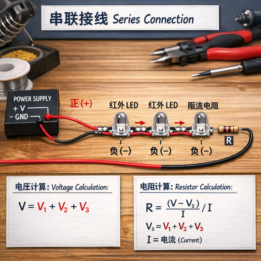 红外LED灯珠串联接线图，包含电源、限流电阻和多个串联LED灯珠，并附有电压与限流电阻的计算公式。